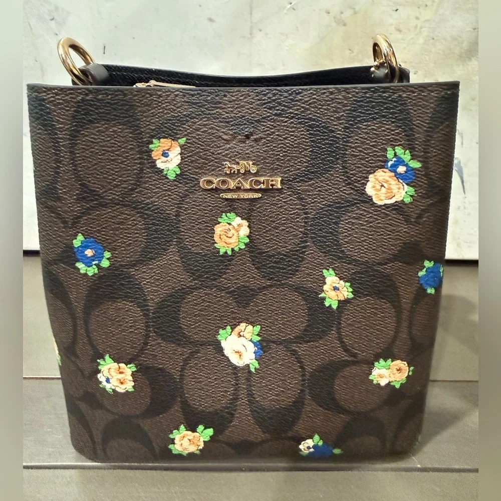 Coach Mini Town Bucket Bag Signature Canvas Rose Floral Crossbody Brown Black - Picture 5 of 13